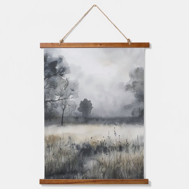 Trees Meadow Low Lying Fog Landscape Hanging Tapestry (Front)