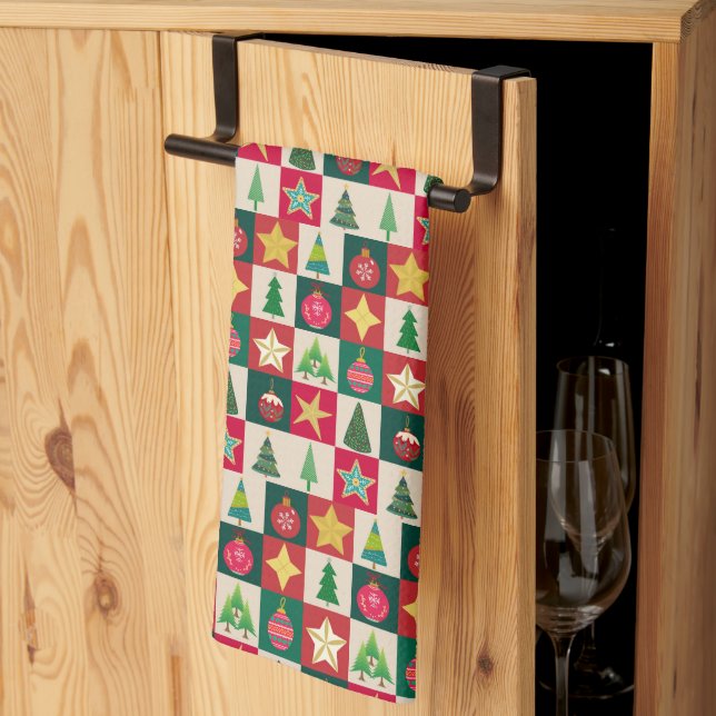Trees Ornaments and Stars Christmas Collage Kitchen Towel (Thirds Fold)
