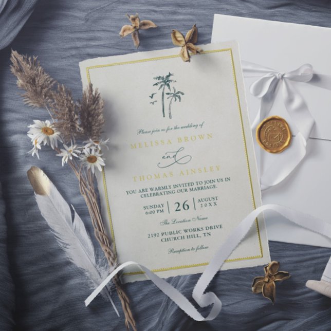 Trees Palm Coastal Drift Beach Elegant Wedding Invitation (Creator Uploaded)