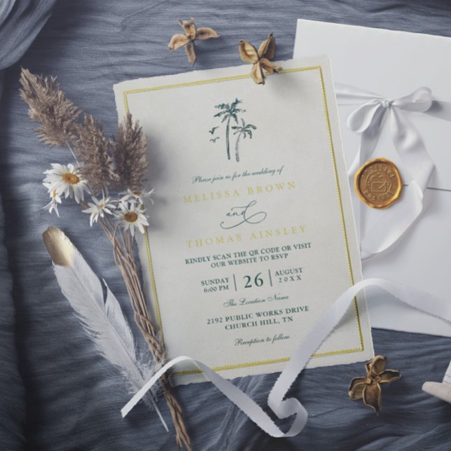 Trees Palm Coastal Drift Beach QR Code Wedding Invitation (Creator Uploaded)