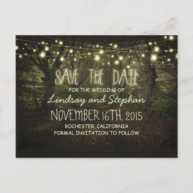 trees path romantic string lights save the date announcement postcard (Front)