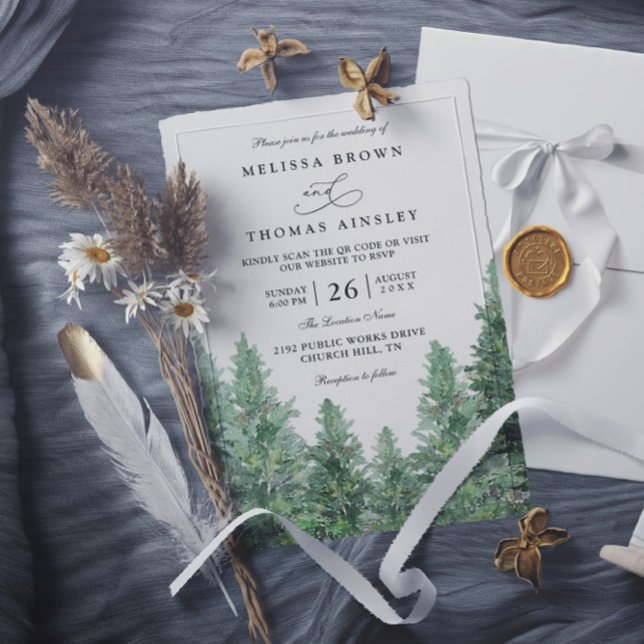Trees Pine Forest Rustic Elegant QR Code Wedding Invitation (Creator Uploaded)