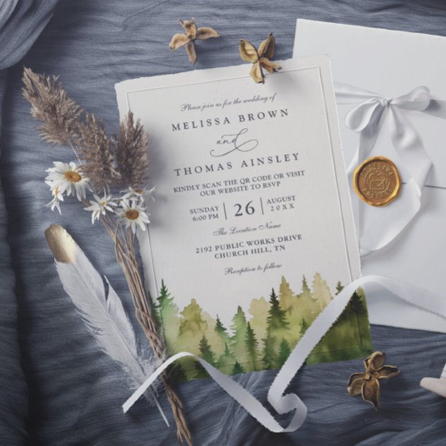 Trees Pine Forest Rustic Elegant QR Code Wedding Invitation (Creator Uploaded)