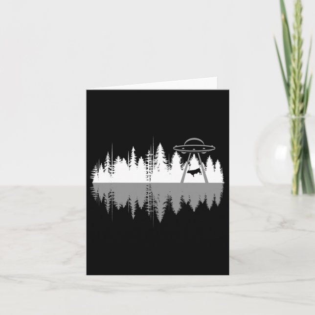 Trees Reflection Spaceship Alien Abduction Of Cow  Card (Front)
