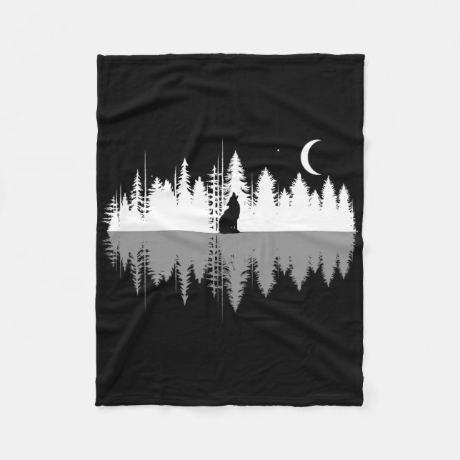 Trees Reflection Wolf Howling At Full Moon Forest  Fleece Blanket (Front)