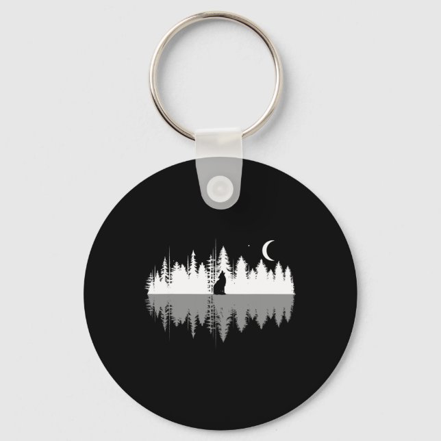 Trees Reflection Wolf Howling At Full Moon Forest  Keychain (Front)