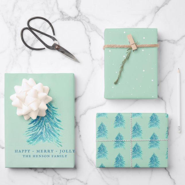 Trees Watercolor Drawing Merry Christmas Holiday Wrapping Paper Sheet (Front)