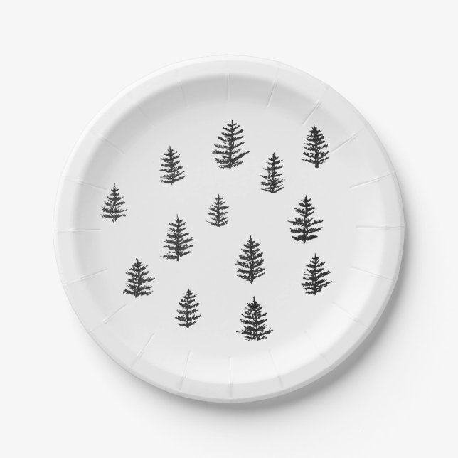 Trees Wilderness Mountain Illustration Paper Plate (Front)