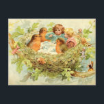 Treetop Tea Party Postcard<br><div class="desc">In the vintage children’s book illustration a boy and girl are having a tea party with three robins in their nest and various elves and fairies.

This card would make a cute invitation for a children’s birthday party.</div>