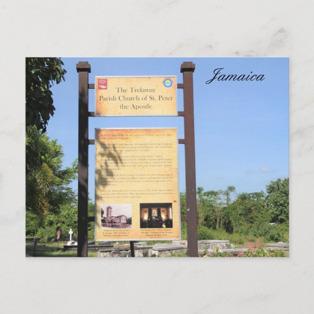 Trelawny Parish Church sign, Jamaica, photography, Postcard (Front)
