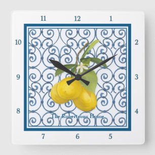 Trellis Scroll Lemon Branch Personalized Blue Square Wall Clock