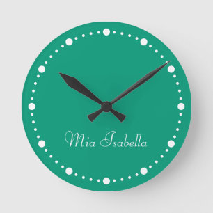 Trend Colour Jade Green White Dots Name Round Cloc Round Clock