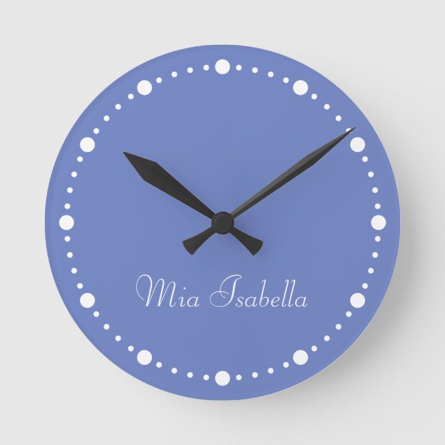 Trend Colour Jewel Blue White Dots Name Round Cloc Round Clock (Front)