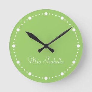 Trend Colour Kiwi Green White Dots Name Round Cloc Round Clock
