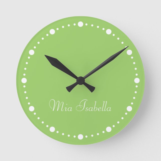 Trend Colour Kiwi Green White Dots Name Round Cloc Round Clock (Front)