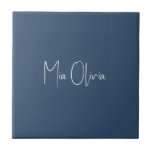 Trend Colour - Serious Blue Name Ceramic Tile<br><div class="desc">Introducing the trendy spring shade: Serious Dark Blue. Elevate your home decor with our modern and stylish ceramic tile, featuring a customizable name in a charming handwritten font, looking like a signature. Its elegant and minimalist design in solid colour exudes timeless appeal, making it perfect for personal use or as...</div>