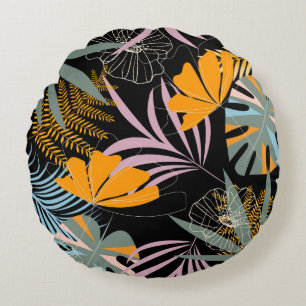 Trend seamless tropical pattern with bright leaves round pillow