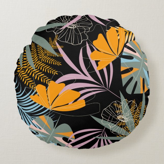 Trend seamless tropical pattern with bright leaves round pillow (Front)