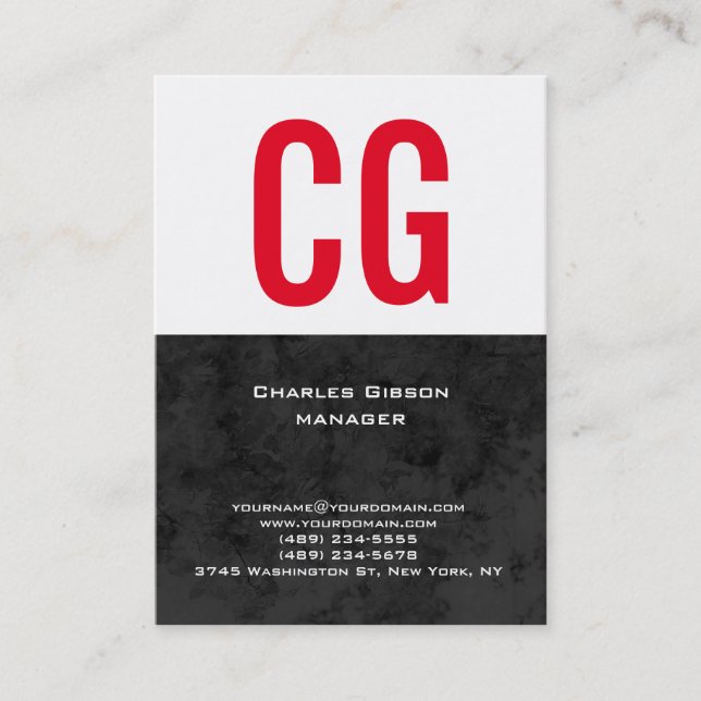 Trend unique plain simple black white red monogram business card (Front)
