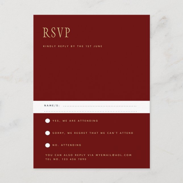 Trending Modern Burgundy Gold Wedding RSVP  Postca Postcard (Front)