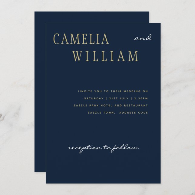 Trending Modern Wedding Navy Blue Gold Text Invitation (Front/Back)