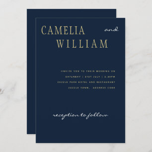 Trending Modern Wedding Navy Blue Gold Text Invitation