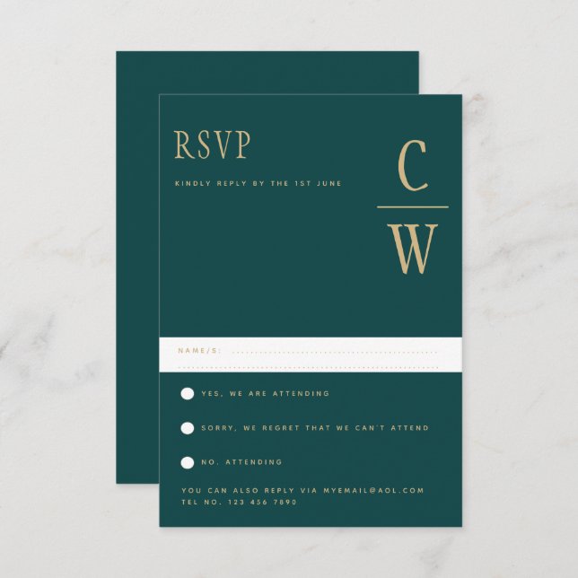 Trending Peacock TURQUOISE Green Gold Wedding RSVP (Devant / Derrière)