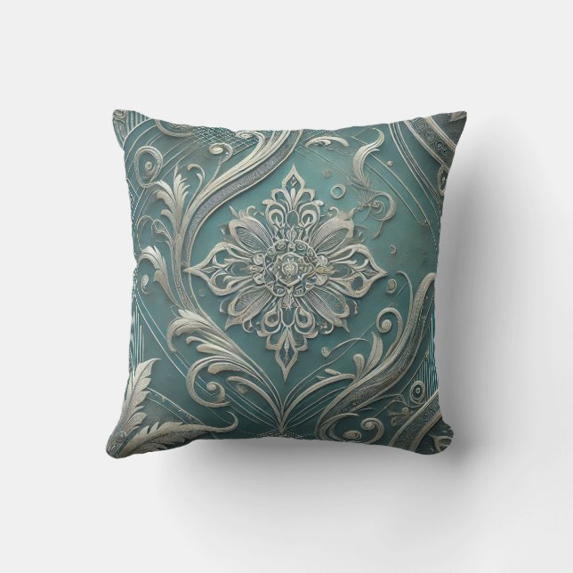 Trending Teal Intricate Floral Motif Design2 Throw Pillow (Back)