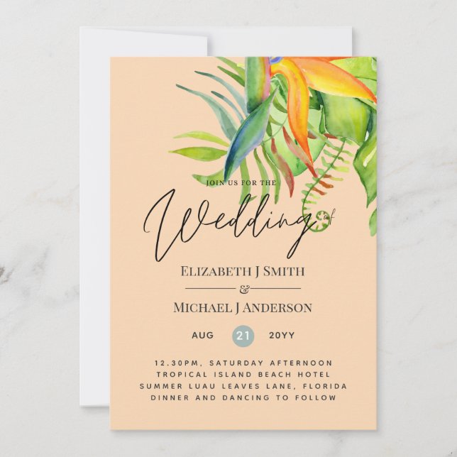 Trending Tropical Leaves Wedding Luau Reception (Front)