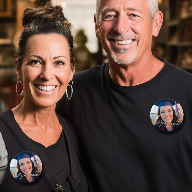 Trendy 2023 Graduation Photo White Script Custom 2 Inch Round Button (Creator Uploaded)