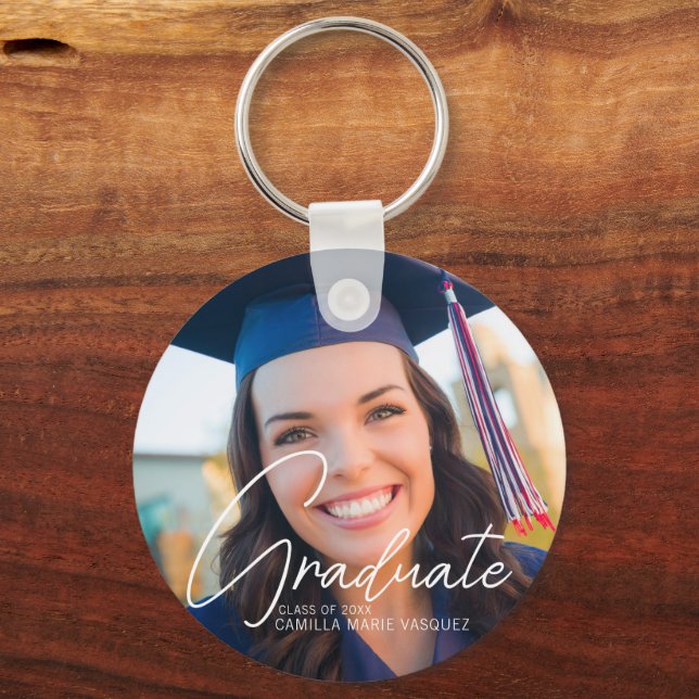 Trendy 2023 Graduation Photo White Script Custom Keychain (Front)