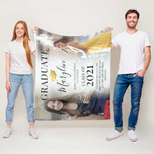 Trendy 2 Photo Graduation, Name & Quote Keepsake Fleece Blanket