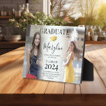 Trendy 2 Photo Graduation, Name & Quote Keepsake Plaque<br><div class="desc">Create a trendy 2 photo collage of your favourite pictures of the graduate to commemorate their achievement on this photo display plaque. Featuring a faux gold mortarboard (graduation cap), name, class year, place of study and inspirational quote. All text can easily be customized using the template provided. This is a...</div>