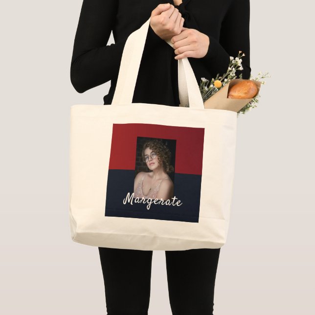 Trendy 2 Photos blue & Red modern script name  Large Tote Bag (Front (Product))