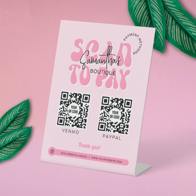 Trendy 2 QR Codes Scan to Pay Retro Pink Shop Pedestal Sign (Girly scannable payment sign for business with trendy retro style fonts)