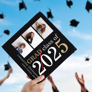 Trendy 3 photo White Gold Text 2025 Black Graduation Cap Topper