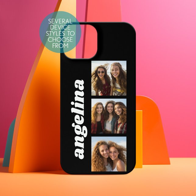 Trendy 3 Photos and Name - Can Change Black iPhone 15 Case (Personalized Phone Case with photos)