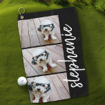 Trendy 3 Photos black - white modern script name Golf Towel<br><div class="desc">Use your horizontal or landscape photos for the best results! This modern stacked photo collage includes a rustic, modern font for your name or other text. TO CHANGE THE BACKGROUND - click on the customize or advanced design area, and choose a colour in the colour picker. Add your favourite pictures...</div>