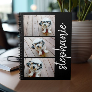 Trendy 3 Photos black & white modern script name Notebook