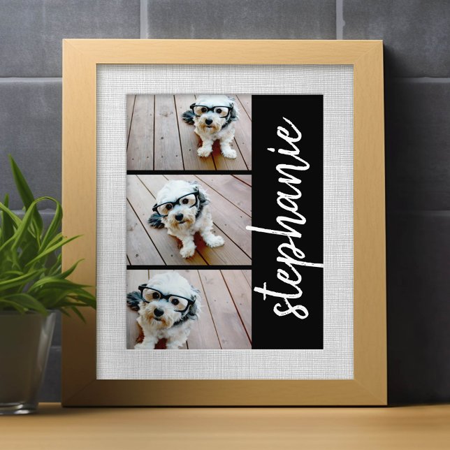 Trendy 3 Photos black white modern script name Photo Print (Custom Frameable Art)
