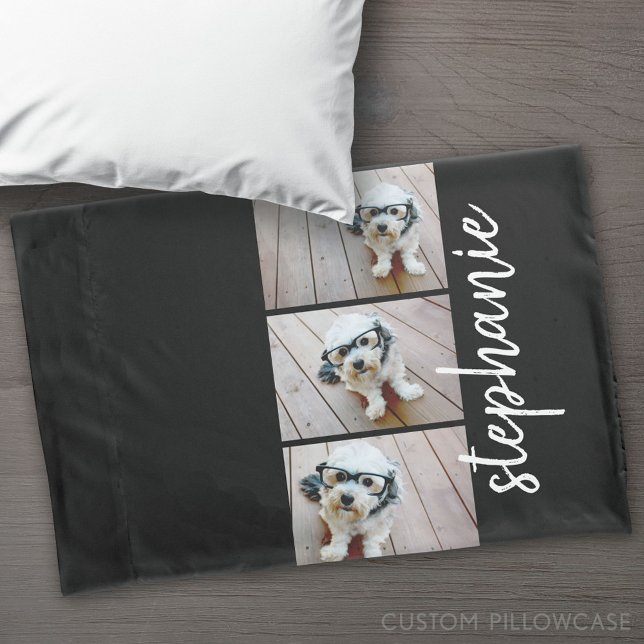 Trendy 3 Photos black white modern script name Pillowcase (Custom Pillowcase)