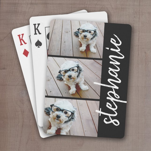 Trendy 3 Photos black & white modern script name Playing Cards (Personalize this set of playing cards with a monogram and and 3 photos)