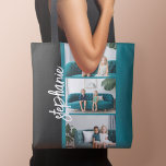 Trendy 3 Photos black & white modern script name Tote Bag<br><div class="desc">Use 3 photos to create a unique and personal gift. Use your horizontal or landscape photos for the best results! This modern stacked photo collage includes a rustic, modern font for your name or other text. TO CHANGE THE BACKGROUND - click on the customize or advanced design area, and choose...</div>