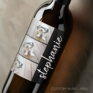Trendy 3 Photos black & white modern script name Wine Label