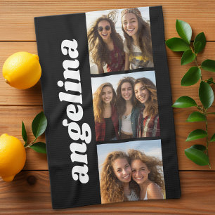 Trendy 3 Photos with Chunky Name - Black Kitchen Towel