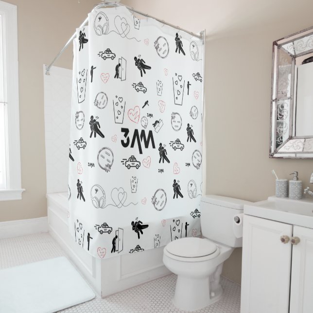 Trendy 3AM Doodle Art Shower Curtain Décor (In Situ)