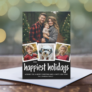 Trendy 4 Photo Christmas Happiest Holiday black Card