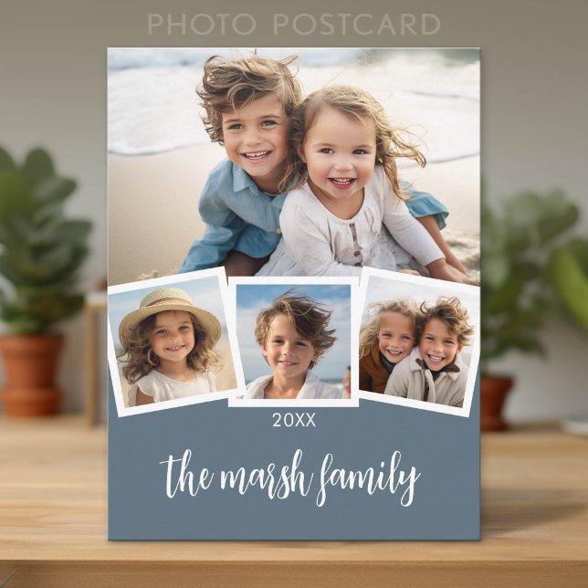 Trendy 4 Photo Collage Script Name Postcard (Photo Postcard - Add Your Photos for a unique greeting card)