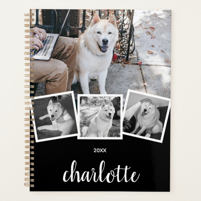 Trendy 4 Photo Collage Script Name White Black (Devant)