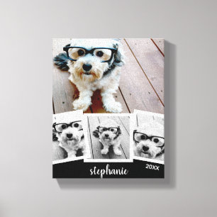 Trendy 4 Photo Collage Script Name White Black Canvas Print